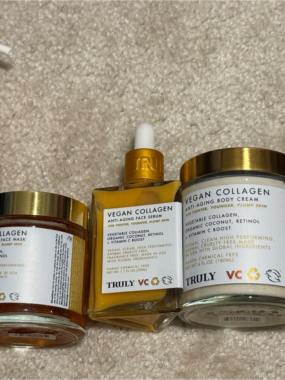 TRULY Vegan Collagen Serum & Body Cream in Gold and Yellow Lot of 5 products